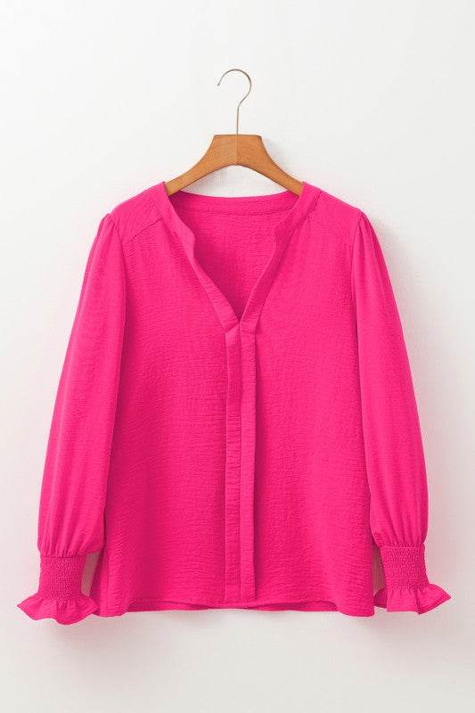 Solid Color Shirred Cuff Notch V Neck Blouse