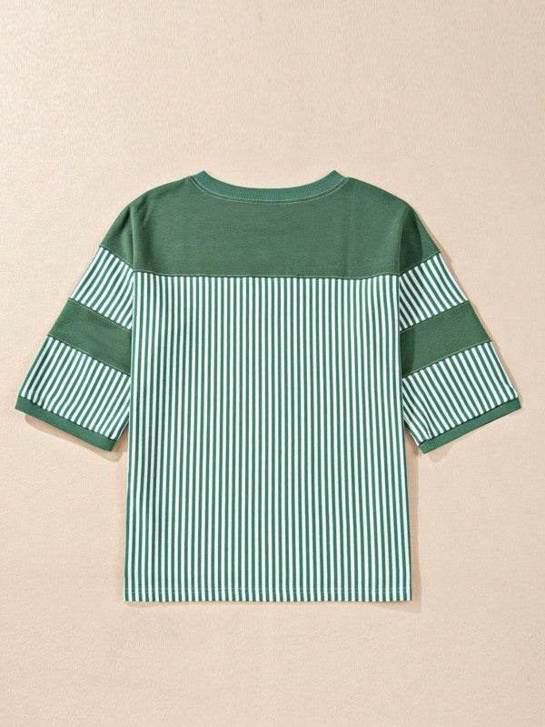 Cotton Stripe Color Block Half Quarter Sleeve Top