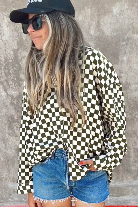 Checkerboard Drop Shoulder Loose Casual Blouse