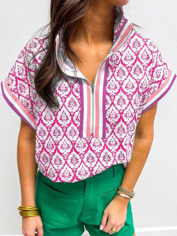 Pink Colorblock Striped Collar Boho Blouse