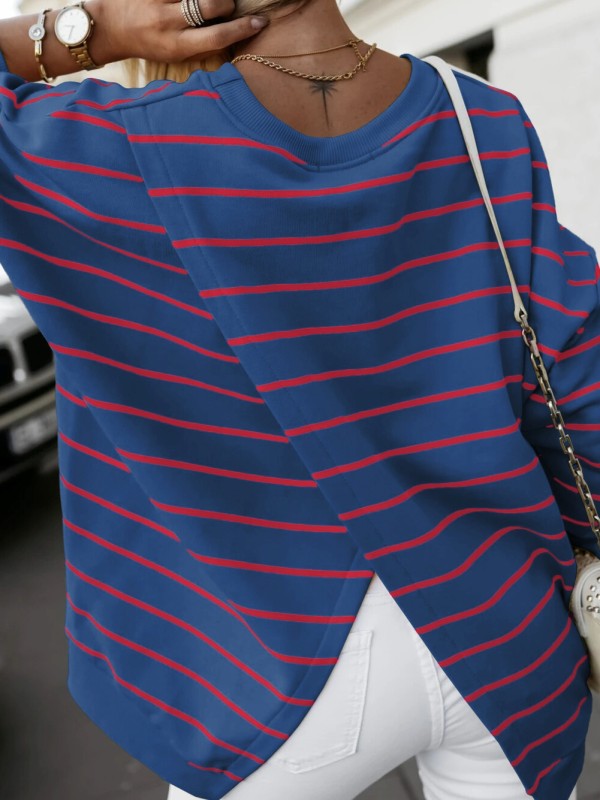 Striped Overlap Detail Drop Shoulder Pullover