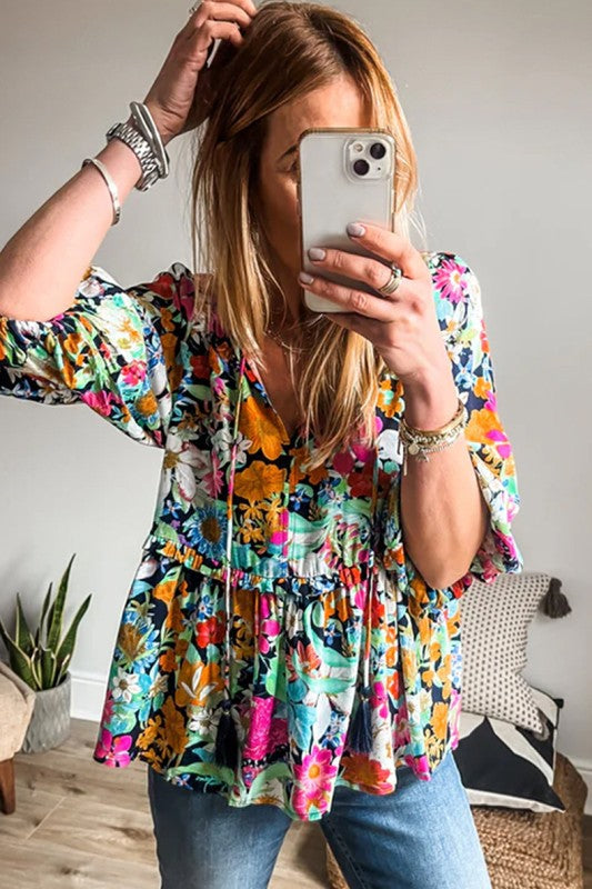 Floral Print Bubble Sleeve V Neck Ruffled Blouse