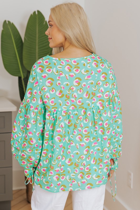 Printed Lace-up Lantern Sleeve Babydoll Blouse