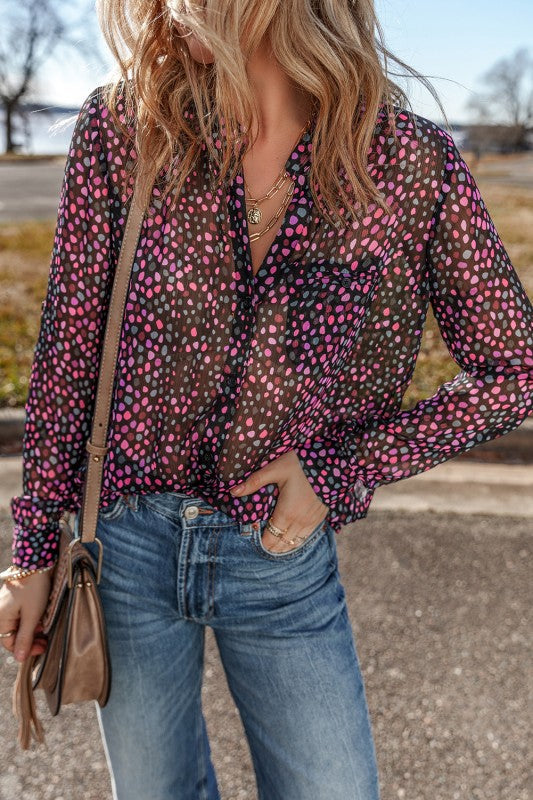 Wine Polka Dot Printed Buttoned Casual Blouses