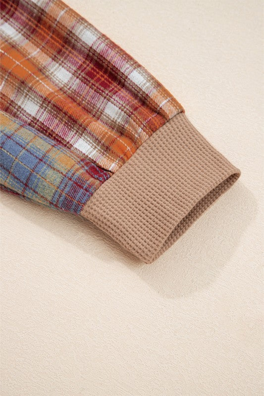 Cotton Waffle Stripe Plaid Patchwork Henley Top