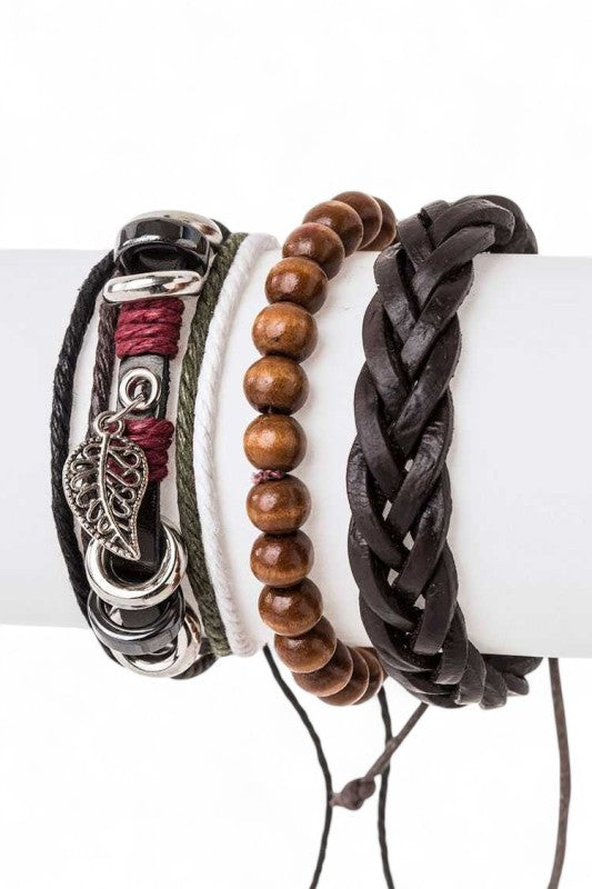 Leaf Charm Wooden Beads Mix Leather Bracelet Set