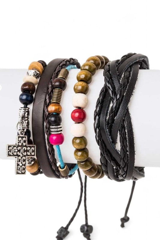 Cross Charm Mix Beads Leather Bracelet Set