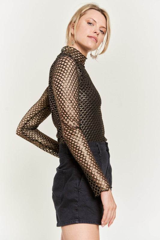 Mock neck Metallic long sleeve Top
