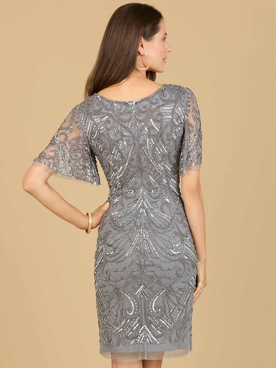 Beaded Cocktail Dress with Short Sleeves - OUTLET