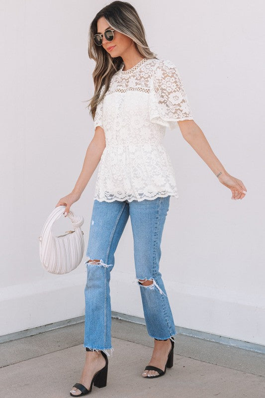 Maliyah Scalloped Floral Lace Peplum Blouse
