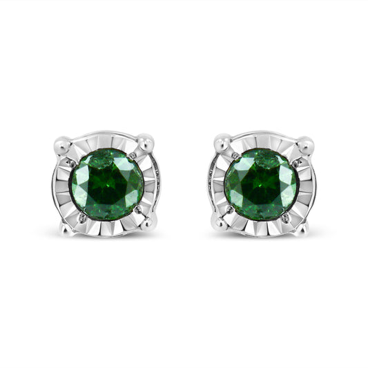 Sterling Silver Rose Cut Treated Green Diamond Solitaire Stud Earrings (0.25 cttw, Green Color, I2-I3 Clarity)