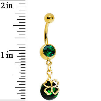 Gold Plated Emerald Green Gem Four Leaf Clover Belly Ring