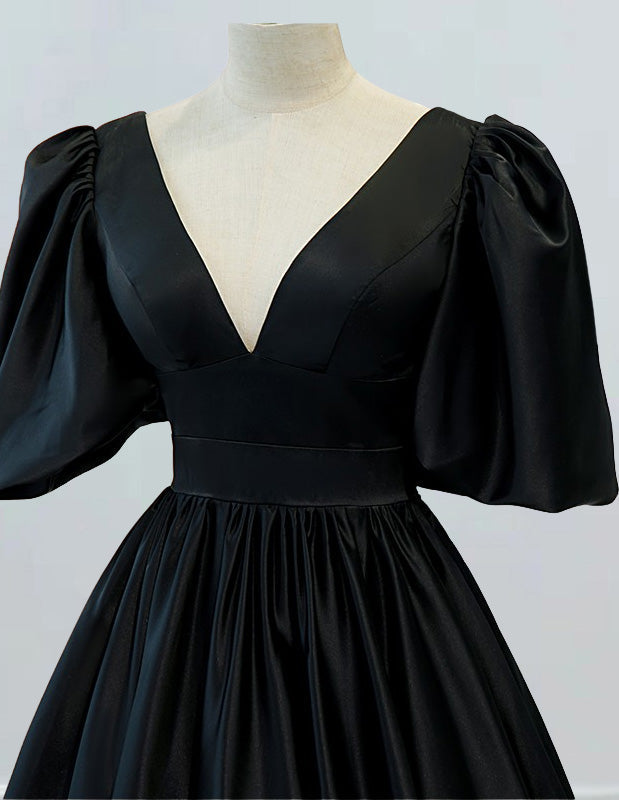 Women's Satin V-Neck Prom Dress | Elegant Evening Gown with Sleeves