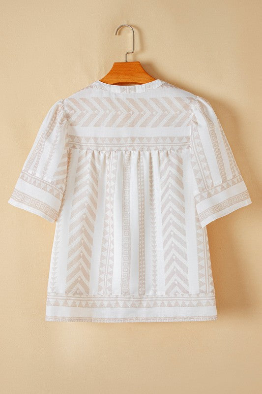 Analia Jacquard Split V Neck Short Sleeve Blouse