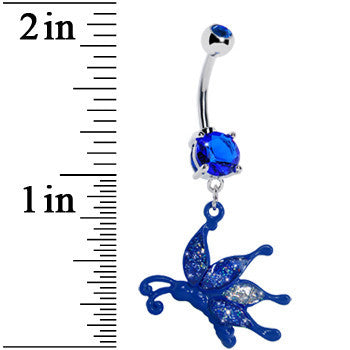 Glittery Blue Butterfly Dangle Belly Ring