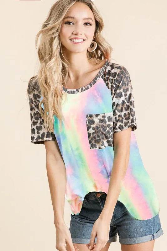 BiBi Tie Dye Knit Top with Leopard Raglan Sleeves