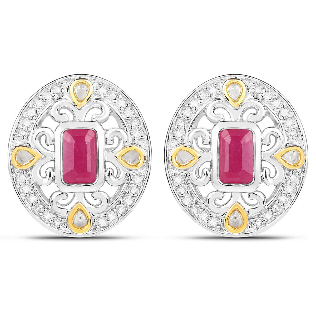 0.77 Carat Genuine Ruby and White Diamond .925 Sterling Silver Earrings