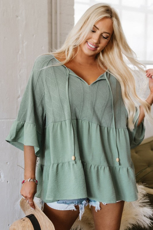 Ensley Tie Split Neck Textured Ruffle Patchwork Bl