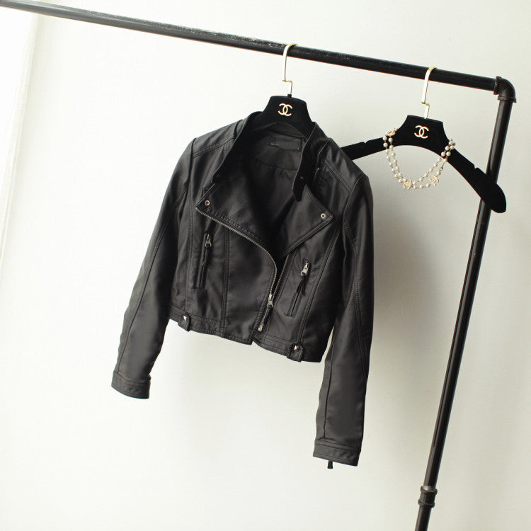 Spring Autumn Leather Women Short Stand-up Collar Slim Fit Motorcycle Faux Leather Washed Leather Rivet Women Short Coat