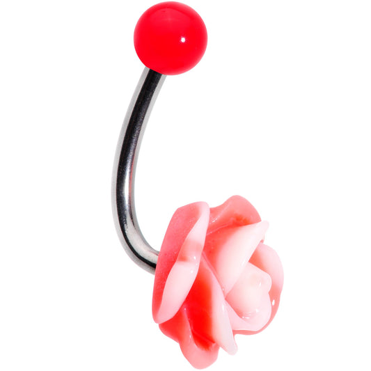Pink Beautiful Blooming Stone Flower Rose J-Bar Belly Ring