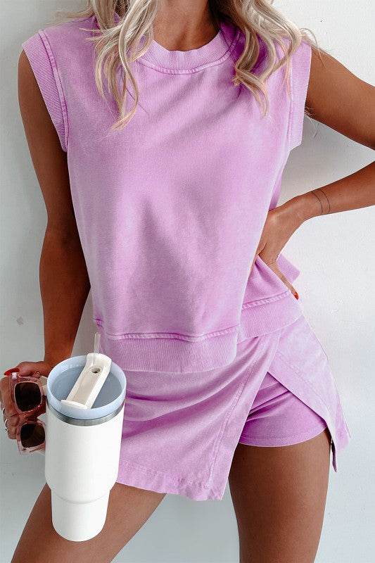 2 Pieces Cotton Tank Top Lined Split Skirt Set