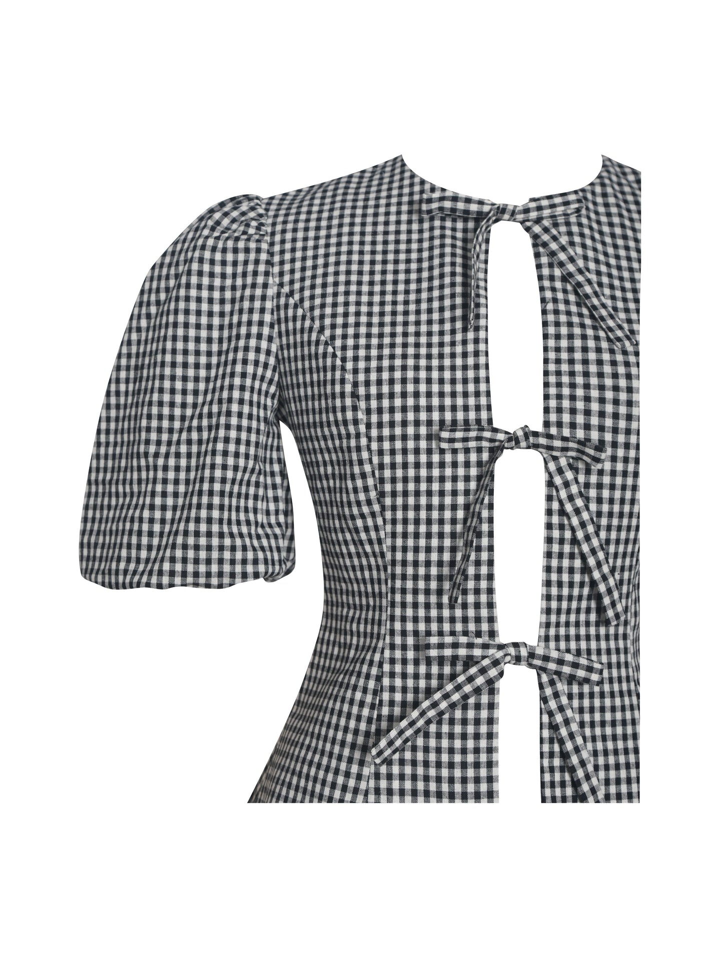 Qusayla Black Gingham Bubble Sleeve Bowtie Top