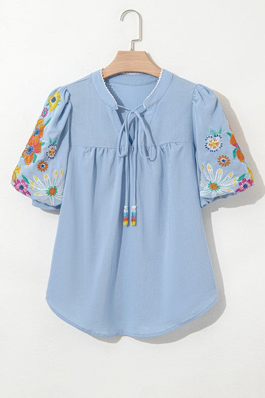 Hadlee Floral Embroidered Puff Sleeve Split Neck B