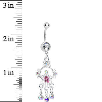 Crystalline Pink Aurora Gem Glimmering Beauty Flower Dangle Belly Ring