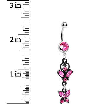 Pink Gem Bejeweled Black Butterfly Dangle Belly Ring