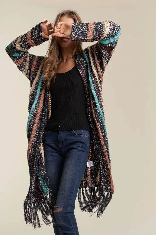 ADORA Multi Colour Sweater Long Cardigan with Fringes