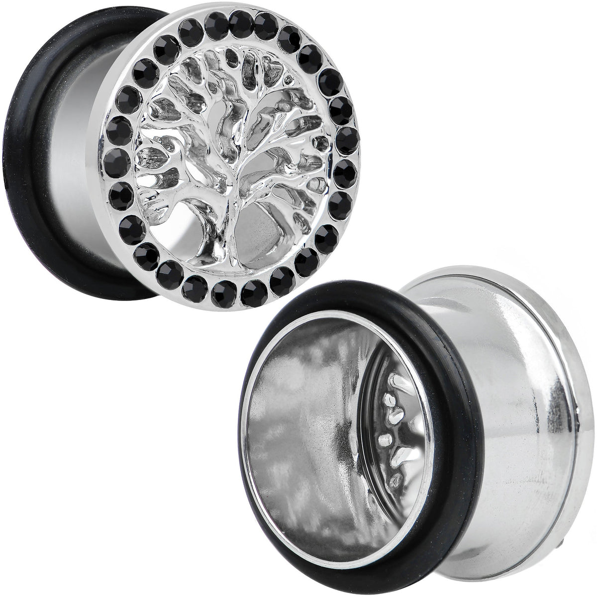 9/16 Black Gem Stainless Steel Single Flare Tree of Life Plug Set
