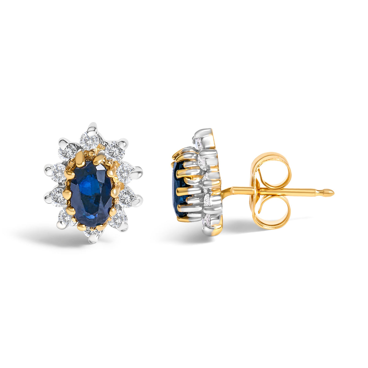 14K Yellow Gold 1/4 Cttw Diamond and Blue Sapphire Sunburst Halo Stud Earrings (K-L Color, I1-I2 Clarity)