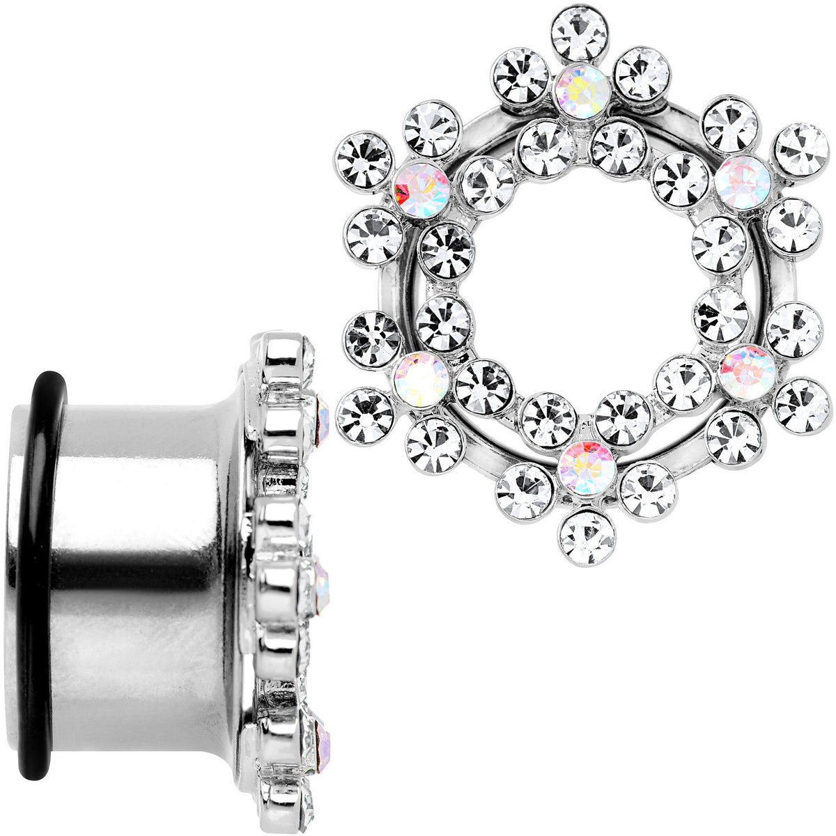 18mm Clear and Aurora Gem Snowflake Steel Tunnel Plug Set