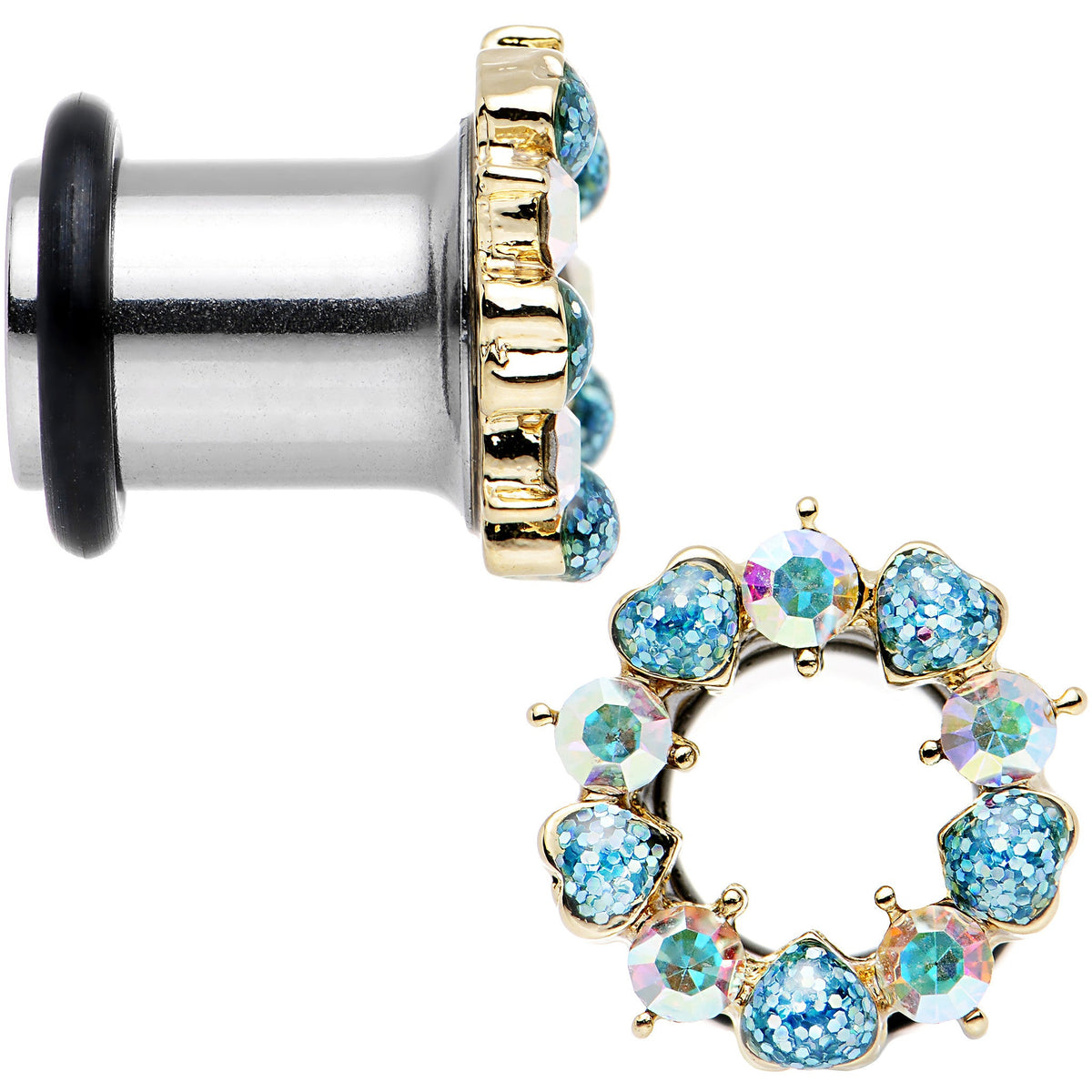 0G Aurora and Aqua Gem Heart Wreath Single Flare Tunnel Plug Set