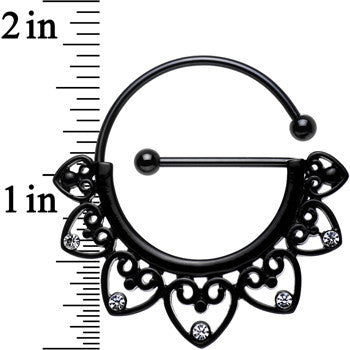 Clear Gem Black PVD Barbell Filigree Heart Universal Nipple Ring Set