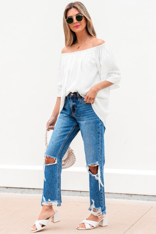 Bellamy Frilly Off Shoulder Lace Insert Sleeve Tex