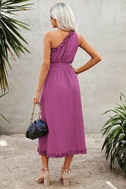Solid One Shoulder Ruffle Hem Belt A Line Dress
