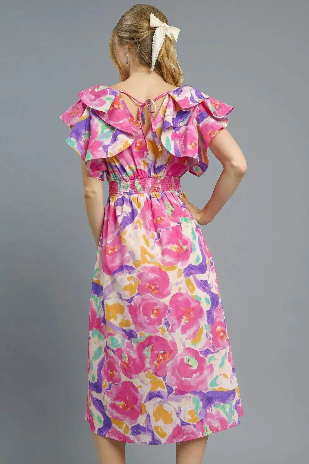 Umgee Floral Ruffled Cap Sleeve Midi Dress