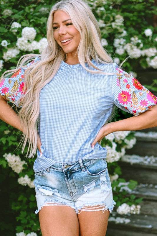 Pearl Gingham Floral Embroidered Puff Sleeve Blous