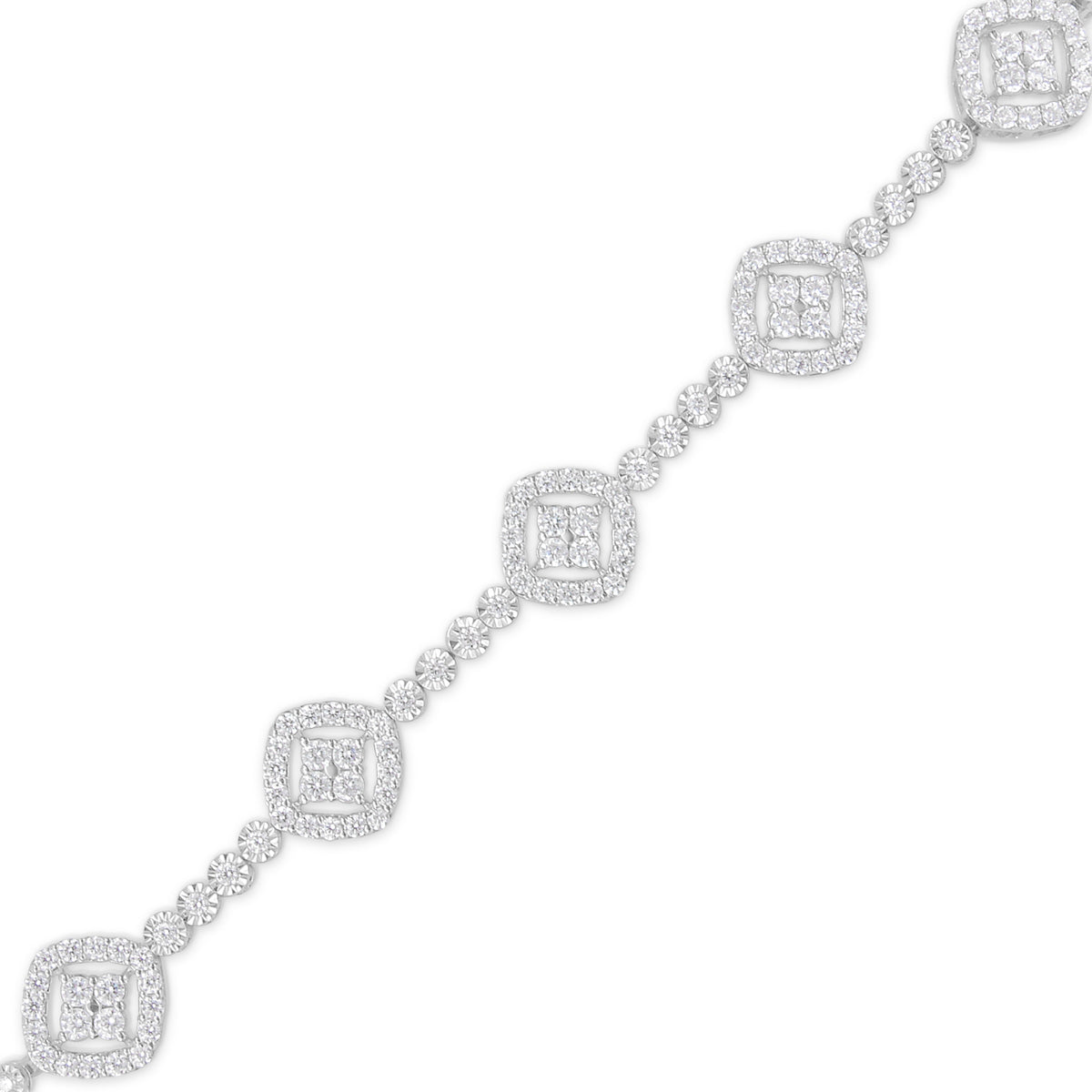 .925 Sterling Silver 3.0 Cttw Diamond Halo Square Shape Link Bracelet (I-J Color, I3 Clarity) - 7.25"