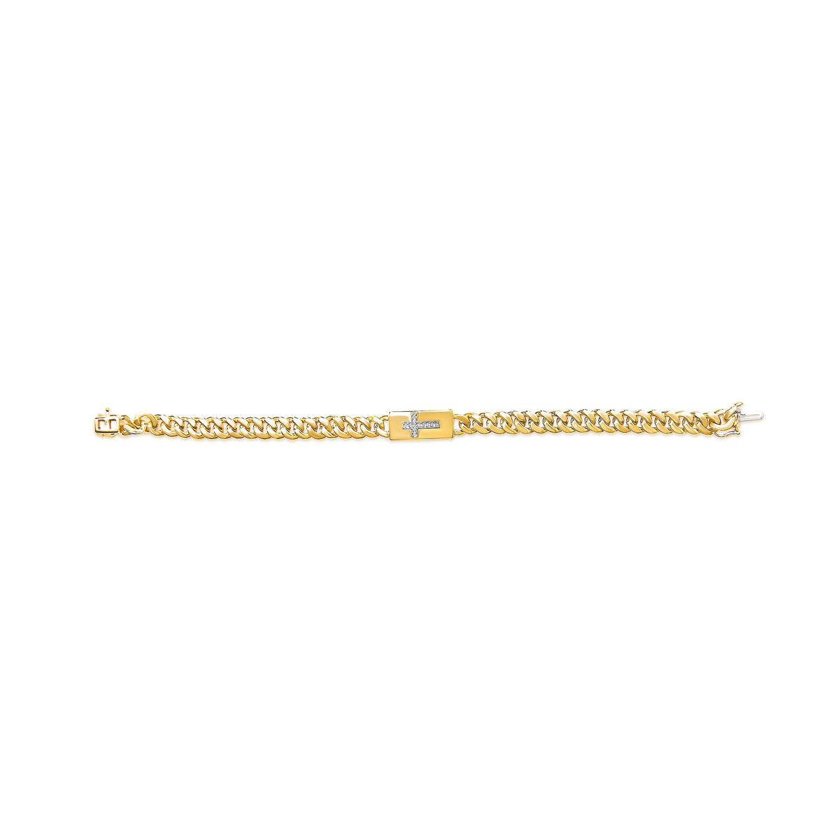 14K Yellow Gold Plated .925 Sterling Silver Diamond Accent Inlaid Cross Cuban Link Bracelet (I-J Color, I3 Clarity)- 7.25"