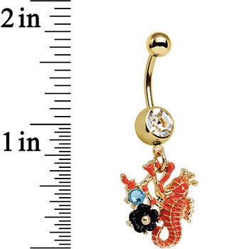 Clear Aqua Gem Gold PVD Orange Black Flower Seahorse Dangle Belly Ring