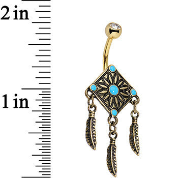 Faux Turquoise Gold Anodized Aztec Feather Dangle Belly Ring