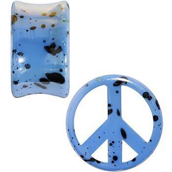 Black Speckled Blue Acrylic Peace Sign Saddle Plug Set Available in Sizes 00G to 20mm
