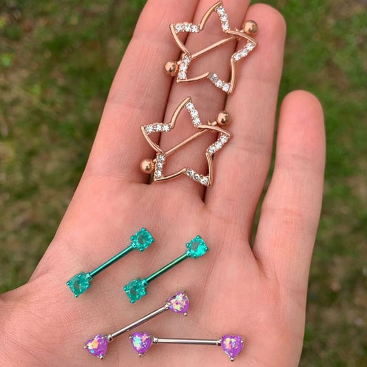 14G 9/16 Teal Gem Blue Anodized Barbell Nipple Ring Set