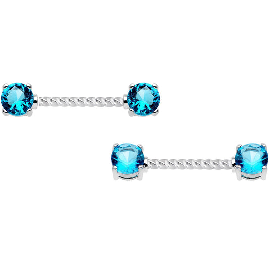 14G Blue CZ Gem Twisted Captive Ring Barbell Nipple Ring Set