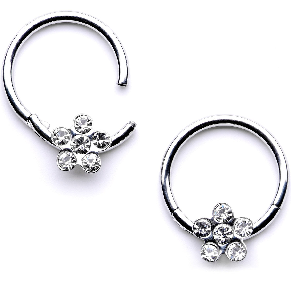 16G 3/8 Clear Gem Petal Flower Hinged Segment Ring Set