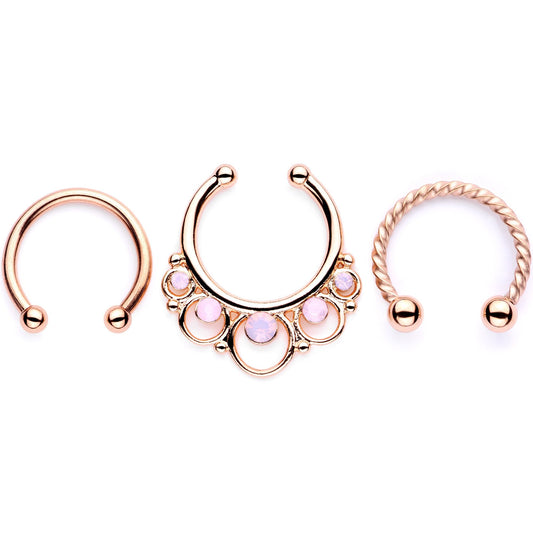 16G Pink Faux Opal Rose Gold Tone Twisted Horseshoe Clip On Fake Septum Ring Set