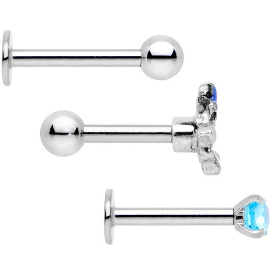 16G 1/4 Blue Gem Flowers Cartilage Tragus Earring Set of 3