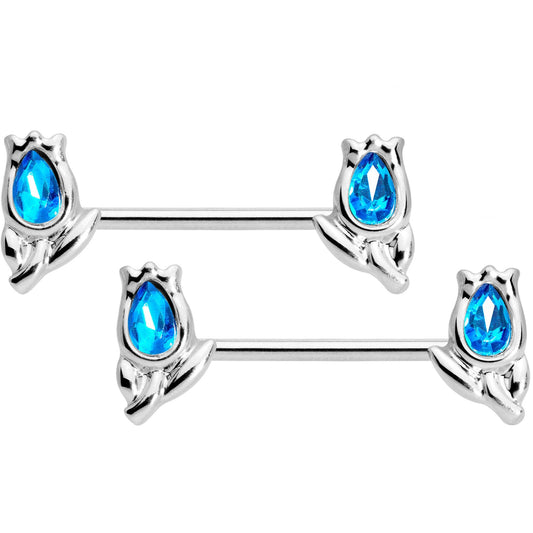 14G 7/16 1/2 Aqua Gem Flowers BCR Barbell Nipple Ring Set of 4